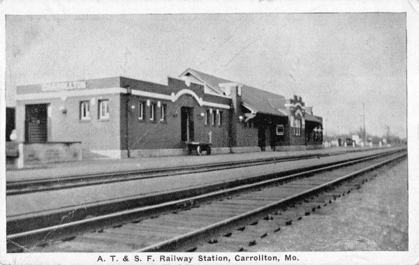 Carrollton Missouri birds eye view A. T. & S. F. R.R. Station antique pc BB362
