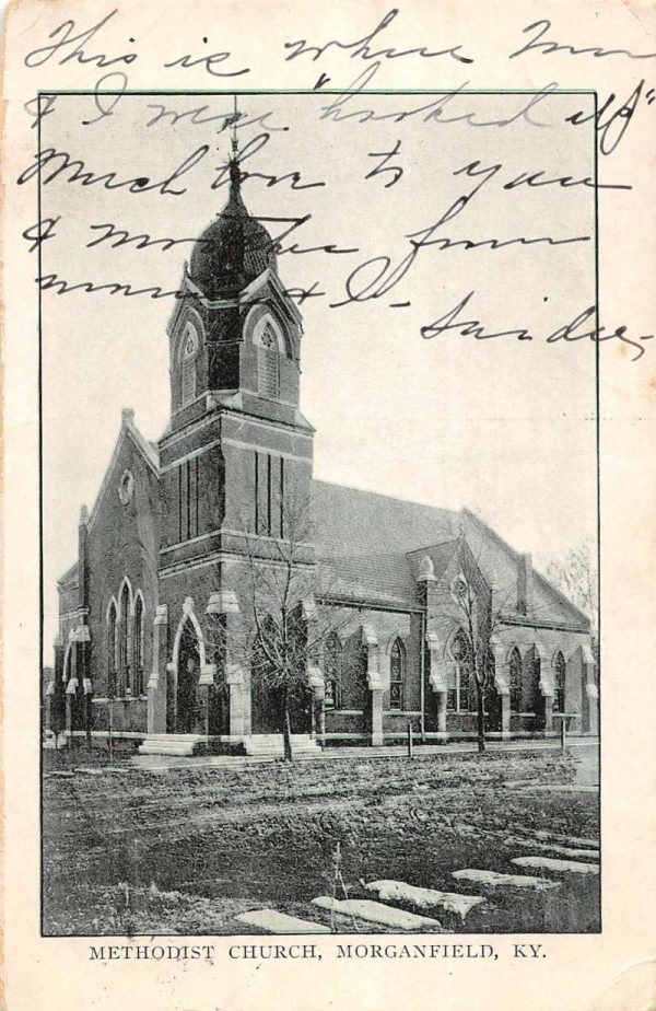 Morganfield Kentucky birds eye view Methodist Church entrance antique pc BB367