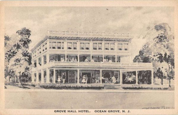 Ocean Grove New Jersey birds eye view Grove Hall Hotel entrance antique pc BB398