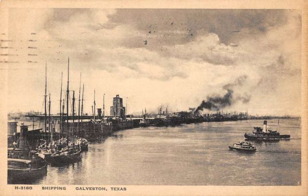 Galveston Texas birds eye view boats ships by Fred Harvey antique pc BB401