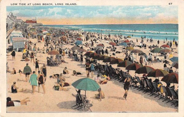 Long Beach L.I. New York panoramic view low tide beach bathers antique pc BB441