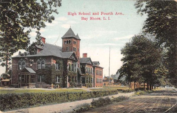 Bay Shore L.I. New York birds eye view High School & Fourth Ave antique pc BB442