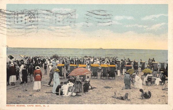 Cape May New Jersey beach scene bathers umbrellas antique pc BB445