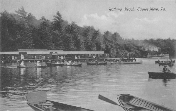 Eagles Mere Pennsylvania scenic view boats and bathing beach antique pc BB459