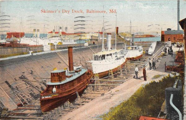 Baltimore Maryland birds eye view boats at Skinner's Dry Dock antique pc BB465