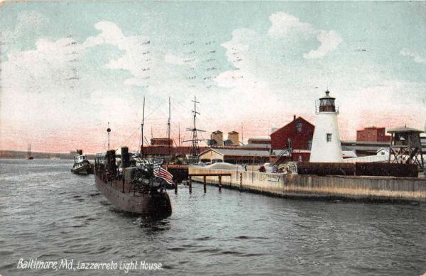 Baltimore Maryland view of boats at Iazzerreto Lighthouse antique pc BB476