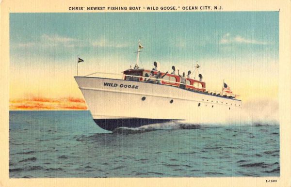 Ocean City New Jersey "Wild Goose" Chris' fishing boat linen antique pc BB497