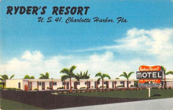 Charlotte Harbor Florida view of Ryder's Resort Motel linen antique pc BB558