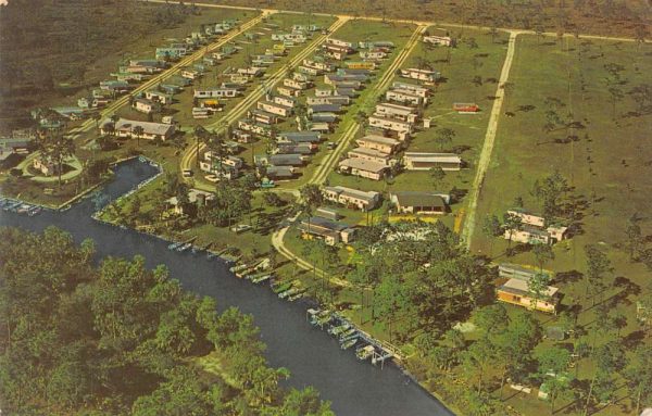 Estero Florida panoramic aerial view River Garden Trailerport vintage pc BB563