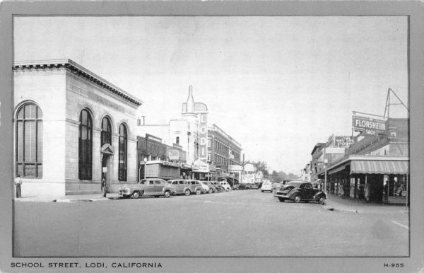 Lodi California birds eye view School St business area antique pc BB577
