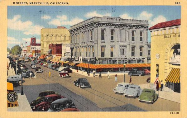 Marysville California view of D Street business area linen antique pc BB599