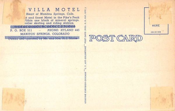 Manitou Springs Colorado birds eye view The Villa Motel linen antique pc BB604 - Image 2