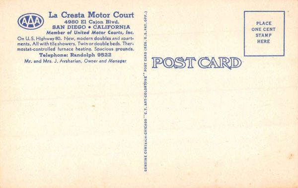 San Diego California birds eye view La Cresta Motor Court linen antique pc BB618 - Image 2