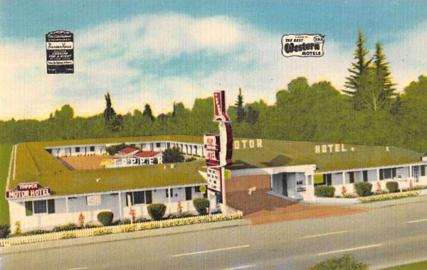 Bakersfield California birds eye view Topper Motor Hotel linen antique pc BB623