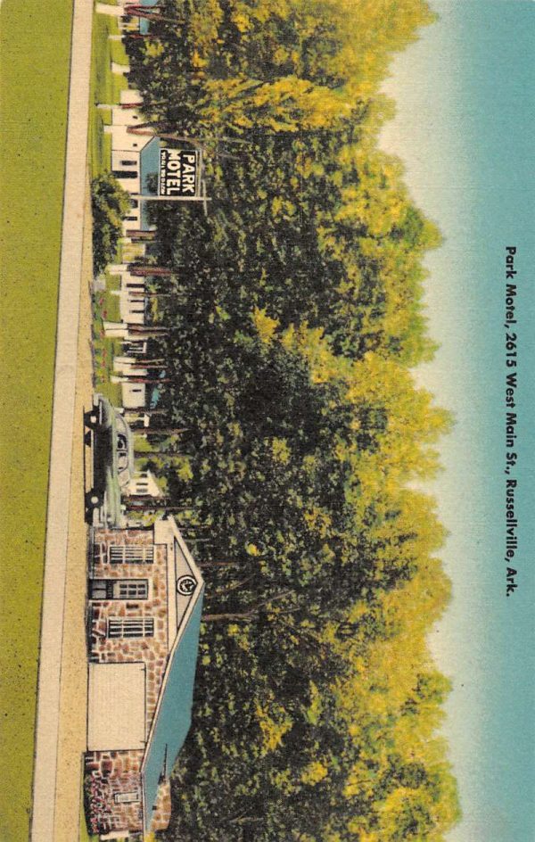 Russellville Arkansas view of Park Motel-Trailer Park linen antique pc BB628