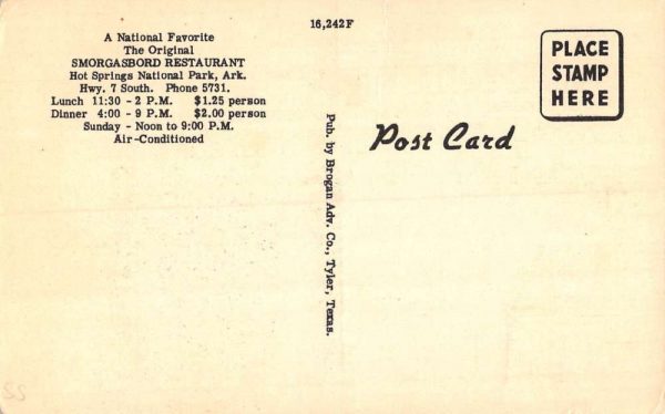 Hot Springs Nat'l Park Arkansas Smorgasboard Restaurant antique pc BB631 - Image 2