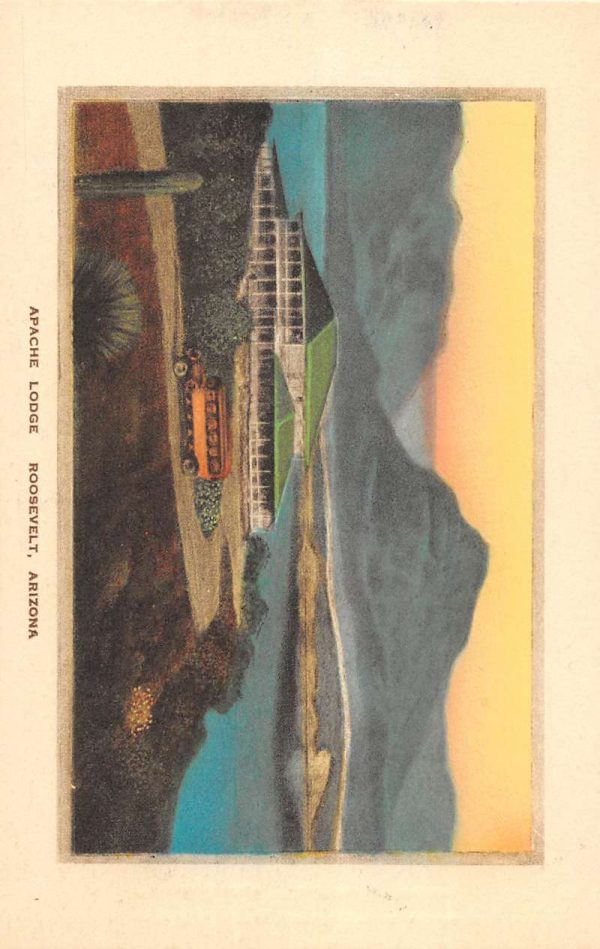 Roosevelt Arizona birds eye view Apache Lodge hand-colored antique pc BB640