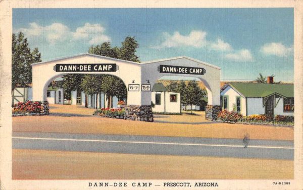 Prescott Arizona birds eye view Dann-Dee Camp motel linen antique pc BB642