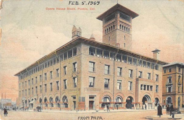 Pueblo Colorado birds eye view Opera House Block antique pc BB646