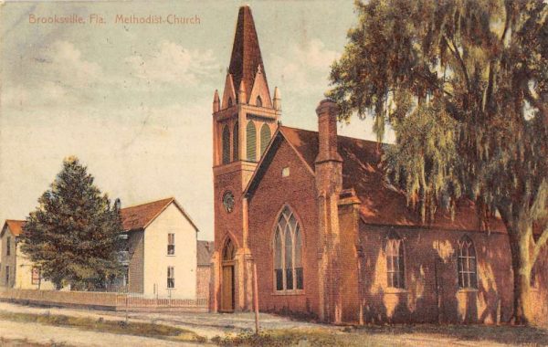 Brooksville Florida birds eye view Methodist Church antique pc BB661