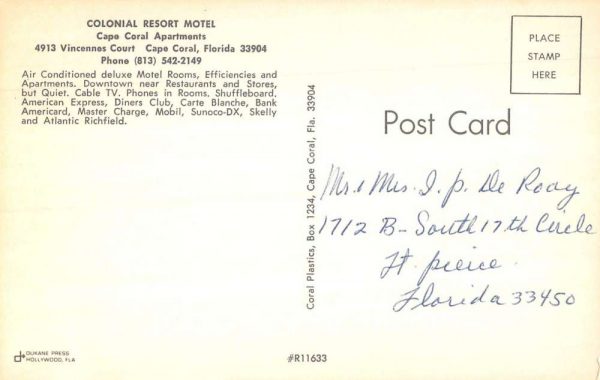 Cape Coral Florida birds eye view Colonial Resort Motel vintage pc BB686 - Image 2