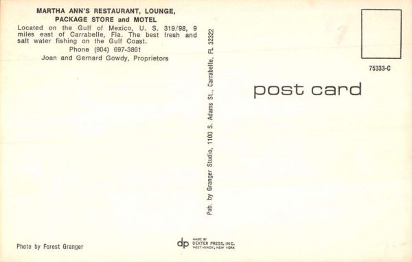 Carrabelle Florida Martha Ann's Restaurant Lounge Motel vintage pc BB688 - Image 2