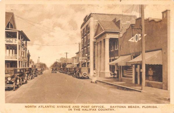 Daytona Beach Florida view of N. Atlantic Ave & Post Office antique pc BB797