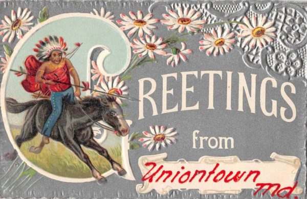 Uniontown Maryland Greetings Native American Indian Vintage Postcard AA898