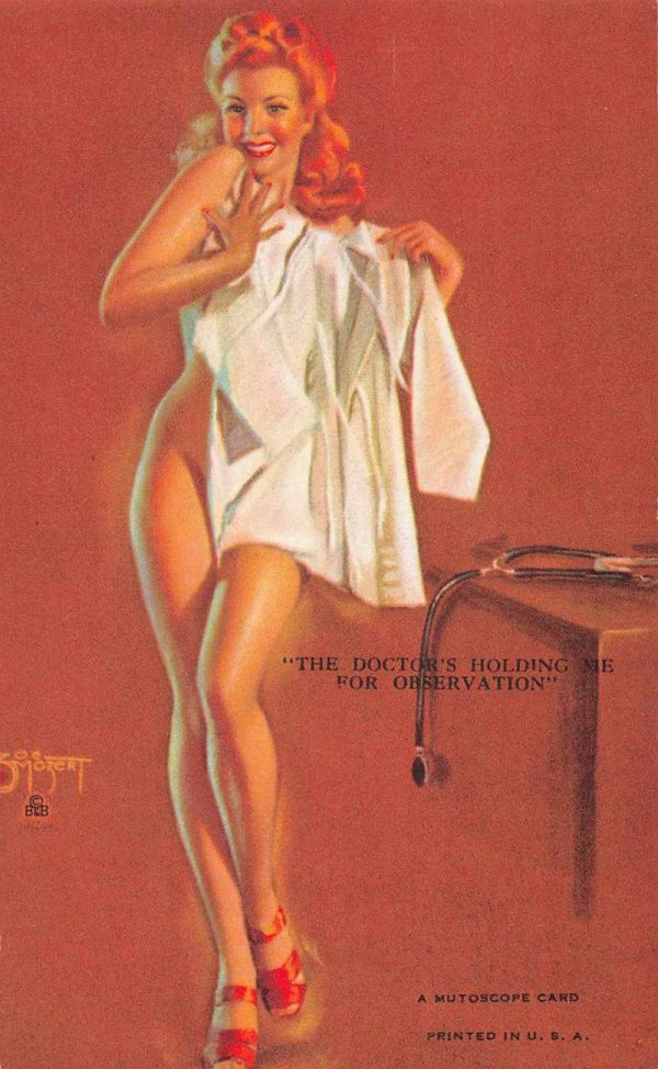 Pin-up Girl Holding White Shirt Doctors Office Mutoscope Arcade Card AA1176