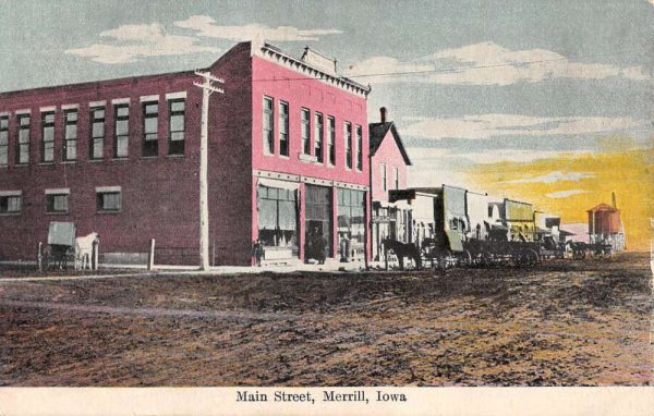 Merrill Iowa birds-eye view main street vintage pc CC370