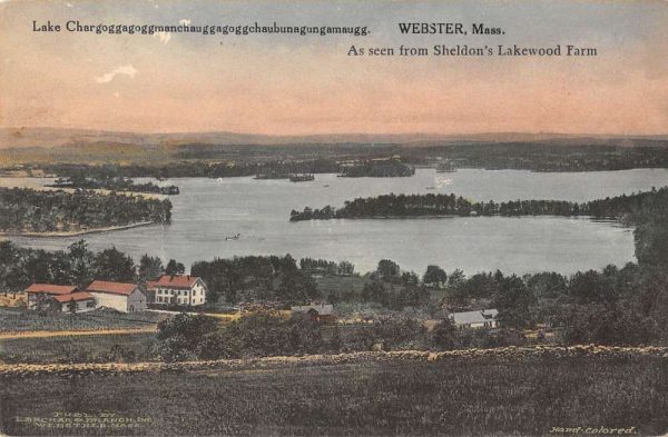 Webster Massachusetts birds-eye view Lake Chargoggagogg vintage pc CC419