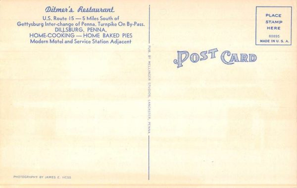 Dillsburg Pennsylvania home-cooking Ditmer's Restaurant vintage pc CC445 - Image 2