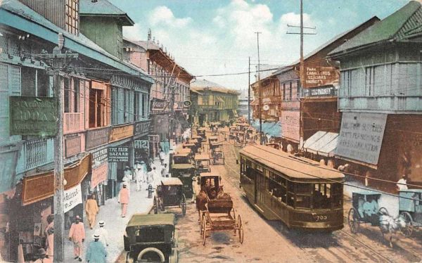 Manila Philippines Escolta Street Scene Trolley Ostrich Cart Postcard AA1468