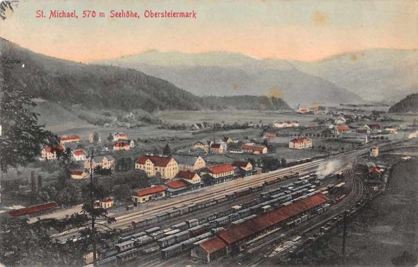 St Michael Obersteiermark Austria Birds Eye View Train Station Postcard AA1648