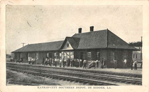 De Ridder Louisiana birds eye view Kansas City Southern Depot antique pc BB1000