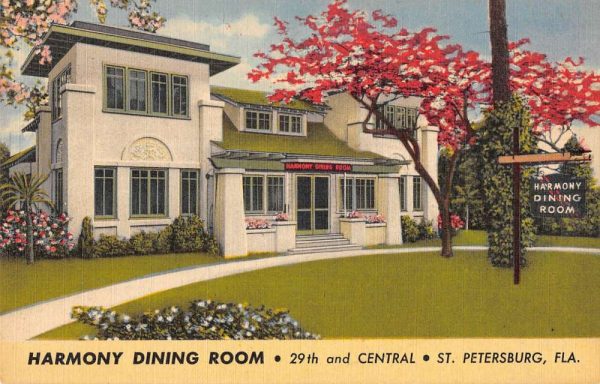 St. Petersburg Florida view from court yard Harmony Dining Room vintage pc CC647