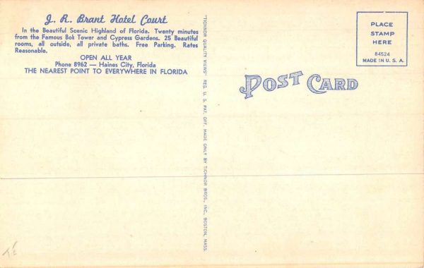 Haines City Florida birds-eye view L. R. Brant Hotel Court vintage pc CC681 - Image 2
