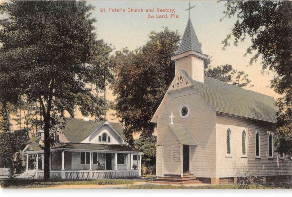 De Land Florida view from street St. Peter's Church & Rectory vintage pc CC697