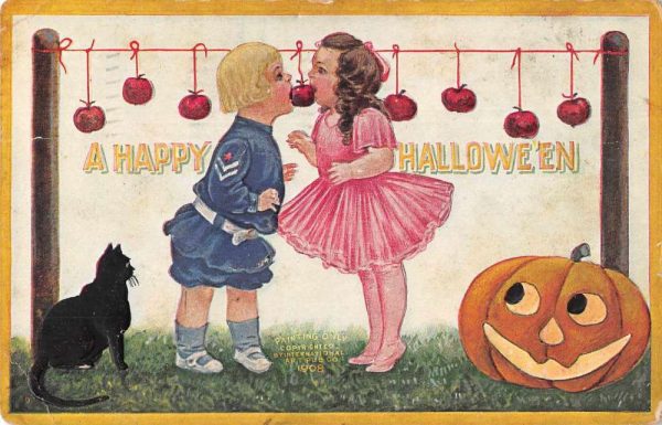Halloween Greetings Children Apples Black Cat Pumpkin Vintage Postcard AA1816