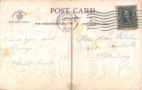 Halloween Greetings Children Apples Black Cat Pumpkin Vintage Postcard AA1816 - Image 2