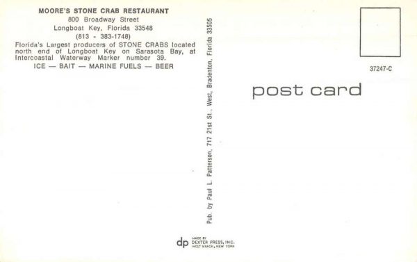 Longboat Key Florida multi-views Moore's Stone Crab Restaurant vintage pc CC747 - Image 2