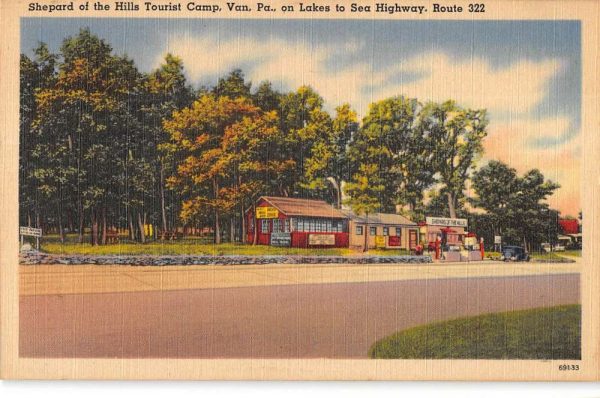 Van Pennsylvania birds-eye view Shepard of the Hills Tourist Camp vintage pc CC749