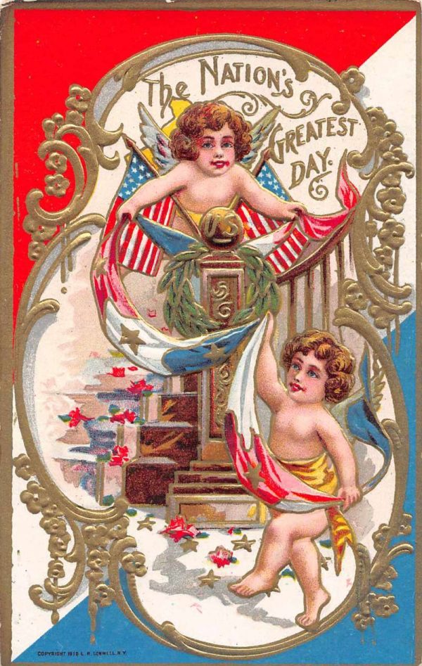 "The Nation's Greatest Day" cherubs banner U.S. Flags antique pc BB1085