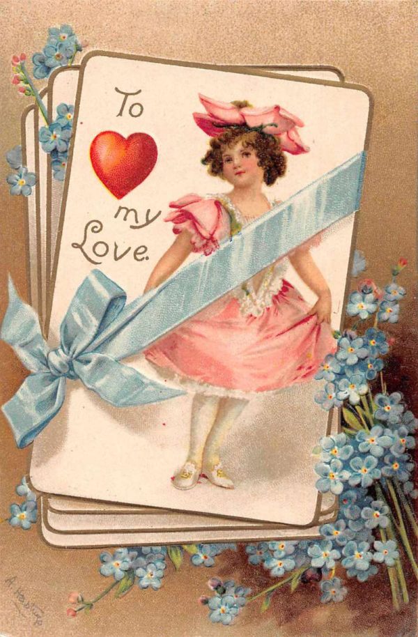 "To My Love" little girl in dress blue flowers blue ribbon antique pc BB1087
