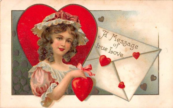 " A Message of True Love" young lady red hearts envelopes antique pc BB1088