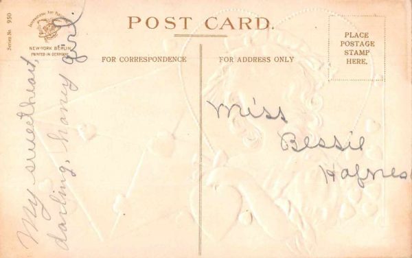 " A Message of True Love" young lady red hearts envelopes antique pc BB1088 - Image 2