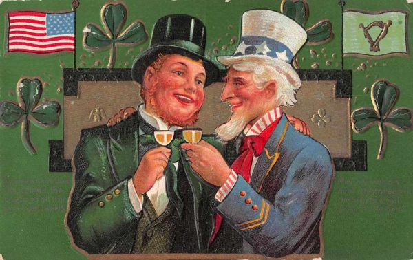 "Here's Luck to dear Old Ireland" Uncle Sam shamrocks flags antique pc BB1106