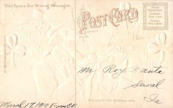 "Here's Luck to dear Old Ireland" Uncle Sam shamrocks flags antique pc BB1106 - Image 2