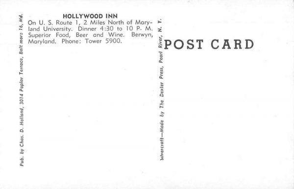 Berwyn Maryland Hollywood Inn Restaurant Vintage Postcard AA1877 - Image 2
