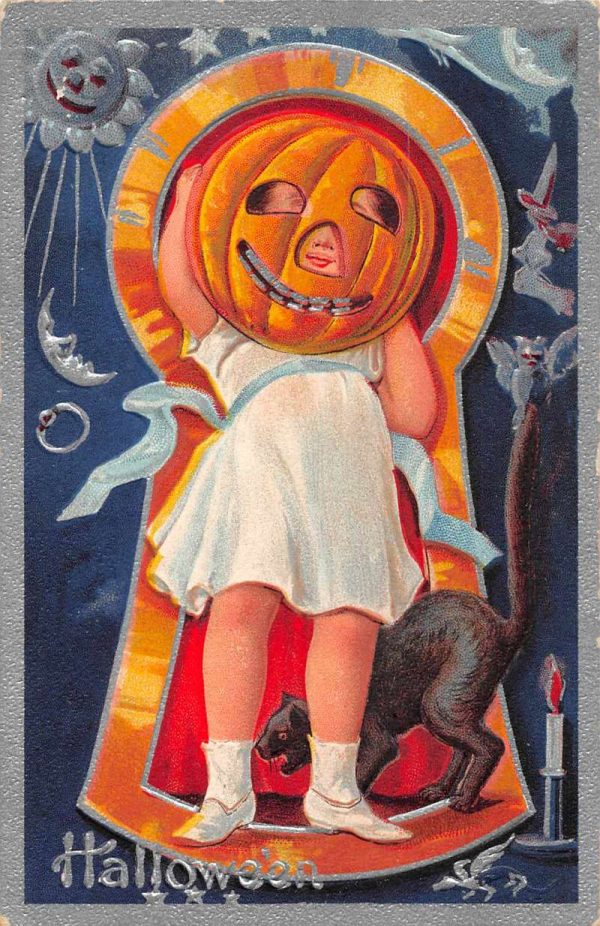 Halloween Greetings Girl Pumpkin Mask Black Cat Key Hold Border Postcard AA1910